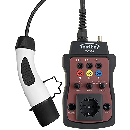 Testboy TV 900 Adaptador para la comprobación de Estaciones de Carga para Coches eléctricos, Enchufe Tipo 2 (conexión para un comprobador de instalaciónes o un multímetro), Negro/Rojo