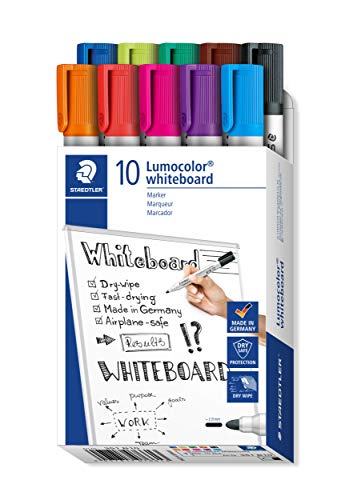 STAEDTLER 351 B10 Lumocolor Whiteboard Marker. Estuche de cartón con 10 marcadores para pizarra blanca, colores surtidos