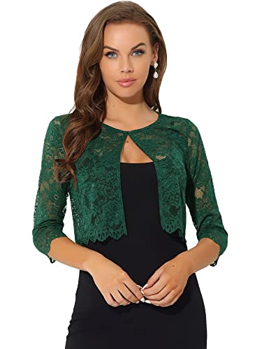 Allegra K Día de San Patricio Cárdigan Elegante De Bolero De Manga Larga Top De Encaje Floral Transparente para Mujer Gris Verdoso Oscuro L