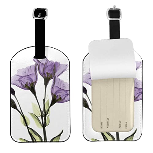 Hermosas etiquetas de equipaje Giclée de flores moradas para bolsas de viaje, etiquetas de equipaje a cuadros para equipaje