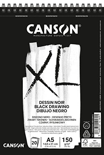 Canson XL, Papel de dibujo negro, Doble cara: Granulada y lisa, 150g, Espiralados sobre el lado corto, A5-14,8x21cm, Negro, 20 Hojas