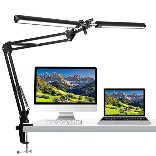 Lampara Escritorio, 24W 120LED Brazo Oscilante Flexo LED Escritorio con Abrazadera, Carga USB, Arquitecto Regulable Lampara Monitor, Temperatura de Color Ajustable, para Uso Diario en el Hogar - Negro