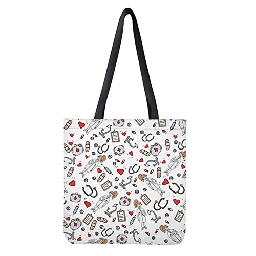 POLERO Nurse Bolsa de la compra, lona de algodón, bolsa de la compra, bolsa de tela, bolsa de algodón con estampado de dibujos animados, para niña, mujer, enfermera, trabajo diario, 42x34cm