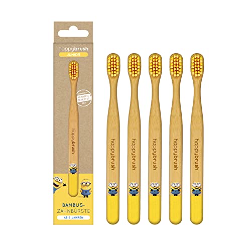 happybrush® Cepillos de dientes de bambú veganos para niños a partir de 6 años - Cepillos de dientes para niños con dibujo de los Minions - Pack ahorro de 6