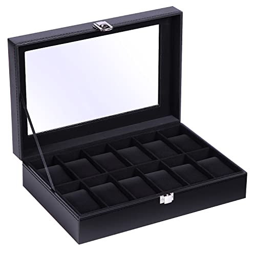 Caja de Relojes con 12 Compartimentos, Ohuhu Caja para Relojes con Tapa de Cristal y Cojín Extraíble, Caja Relojes Organizador para Hombres y Mujeres