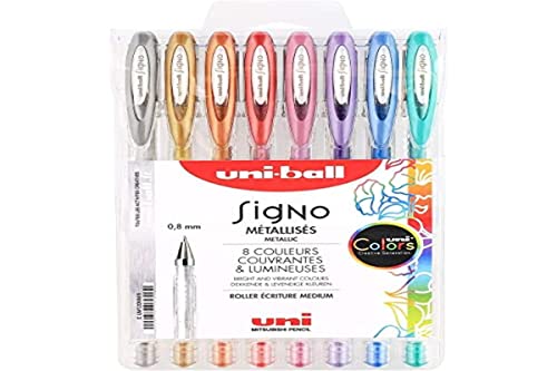 Uni-Ball Mitsubishi Pencil – 8 bolígrafos de tinta de gel Signo – Colores metálicos – Punta de 0,8 mm – Escritura media – Patines creativos para cartería y ocio creativo