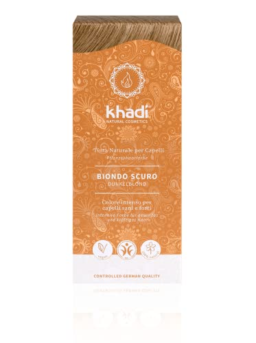 khadi DARK BLONDE tinte vegetal, coloración para mate, rubio ceniza medio a rubio oscuro intenso - sin reflejos rojizos, color de pelo natural 100% vegetales y vegano, cosmetica natural, 100g