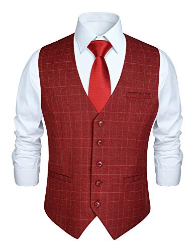 HISDERN Chaleco de traje rojo para hombre Chaleco de vestir de fiesta de boda Chaleco de algodón a cuadros chaleco traje hombre