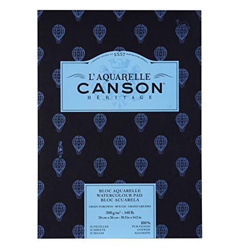 Canson Heritage, Papel de acuarela, Áspero, 300g, Encolados por el lado corto, 26x36cm, Blanco, 12 Hojas