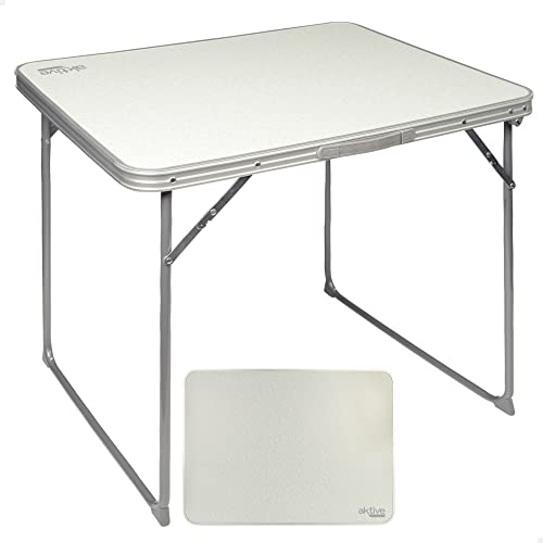 Aktive 52814 - Mesa camping plegable, ligera, patas plegables, 80x60x70 cm, madera MDF, estructura de acero, color blanco, asa de transporte