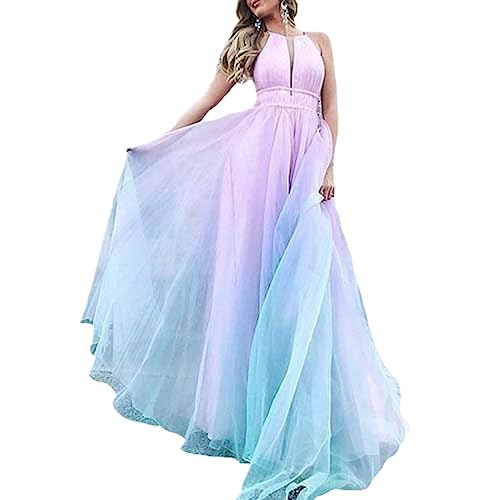 Vestidos De Tirantes para Mujer - Vestido De Noche De Color Degradado En V Profundo Sexy Falda Larga, Vestido De Columpio Grande De Cintura Suelta Sin Mangas Colorida De Verano,como Se Muestra,M