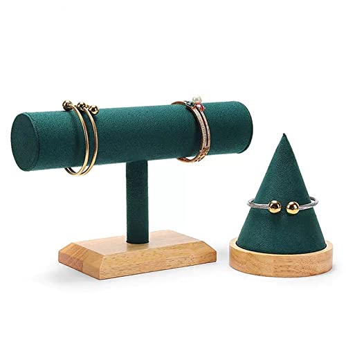 ENtele Soporte de Joyería Jewelry Display Stand 2 Piece Green Velvet Jewelry Display Set, T-Bar Stand and Wood Bangle Bracelet Watch Holder for Exhibit/Trade Shows/Retail Stores Soportes para Joyas