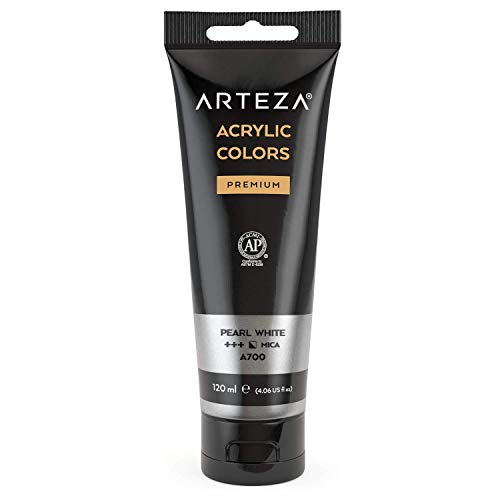 ARTEZA Pintura acrílica metalizada, blanco perla (Pearl White A205), tubo de 120 ml, pintura de alta pigmentación resistente a la decoloración, no tóxica, para artistas, pintores aficionados y niños