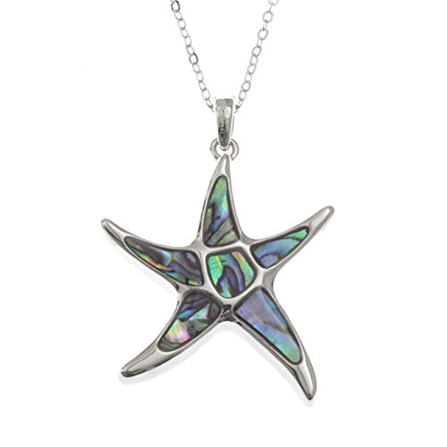Kiara Jewellery - Colgante de estrella de mar con incrustaciones, con concha de mar natural de Paua azul verdoso - incluye una cadena de 46 cm.El color plateado no se deslustra.