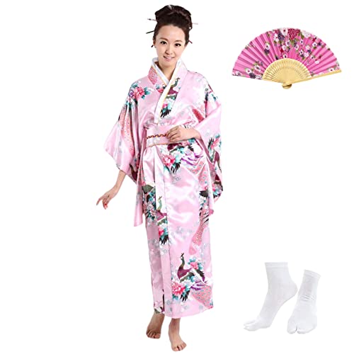 Kimono Tradicional Japonés para Mujer,Bata Yukata Japonés para Mujer,Vestidos Estilo Japonés para Mujer,Disfraz Cosplay,Bata de Raso para Fiesta Spa Boda,con Abanico Plegable y Calcetines Tabi,Rosa