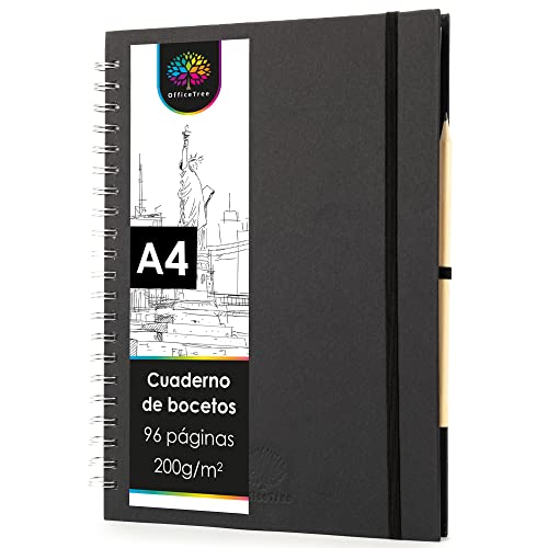 OfficeTree Cuaderno de dibujo A4 con anillas - Vertical - 96 páginas, 48 hojas - Bloc dibujo A4 200 g - Bloc de dibujo para acuarela - Cuaderno dibujo con lápiz