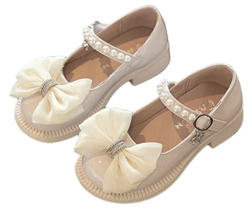 Chica blanca rota punta cuadrada sandalias niños BabyGirls zapatos de cuero verano fondo suave perla arco con vestido princesa zapatos pequeño niño/niños grandes, beige, 35 EU