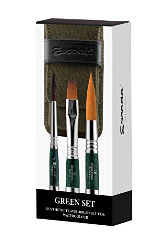 ESCODA Set 3 Pinceles Acuarela - Green Set Viaje N.4,12,16 Redondo Punta Salida Larga Carrado Pelo Sintético Serie Último Prado Barroco Estuche Tela Profesional Fabricado a Mano en España.