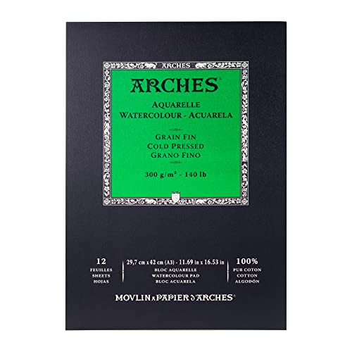 Arches - Papel de acuarela, bloc 12 hojas engomado 1 lado, grano fino, 300 g/m², A3