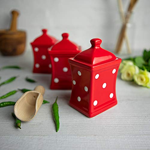 City to Cottage® Cerámica en Rojo y Blanco | Diseño de Lunares | Hecha y Pintada a Mano | Set de Recipientes Pequeños de Cerámica con Tapa para Cocina 5,3 oz/150 ml | Contenedores de Comida | Botes