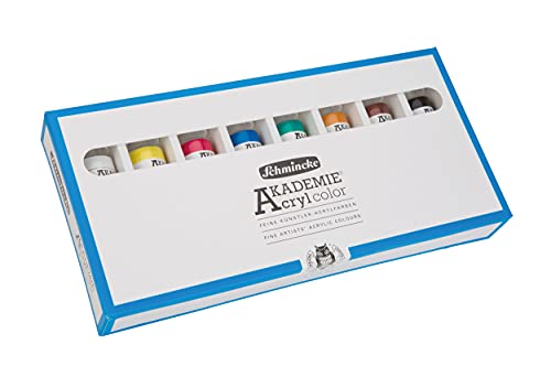 Schmincke - Acrílicos AKADEMIE®, surtido básico 8 tubos de 60 ml, 76 011 097, estuche de cartón, colores brillantes y muy resistentes a la luz, sin cadmio, acrílicos finos para artistas