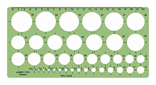 Linex Plantilla de circuito, 39 círculos, 1-35 mm de diámetro, escala mm, irrompible, color verde