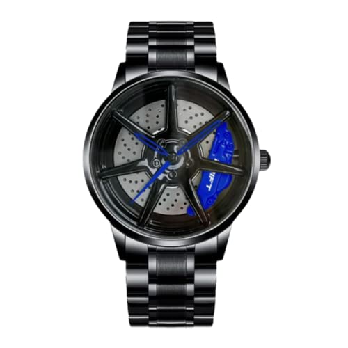DriftElement Reloj de pulsera para hombre de Motorsport con diseño de llanta 3D, de acero inoxidable, personalizado con cristal mineral, cuarzo, azul,