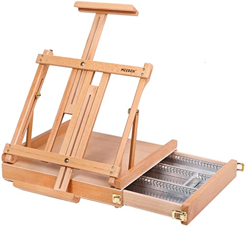 MEEDEN Studio Sketchbox Caballete de mesa con cajón forrado de metal – Caballete de mesa de madera de haya maciza ajustable y caballete de dibujo