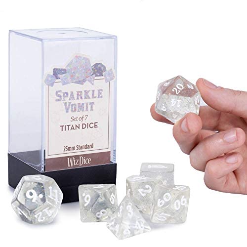 Titan Dice: Sparkle Vomit Juego de 7 piezas de poliedro gigante de 25 mm, color blanco brillante con números grabados con estuche expositor Accesorios de fantasía RPG de mesa Genial novedad