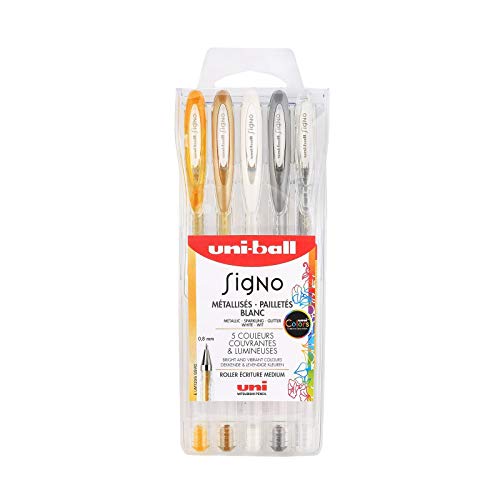 Uni-Ball Mitsubishi Pencil – 5 bolígrafos de tinta de gel Signo – Colores con purpurina – Punta de 1 mm – Escritura grande – Patines creativos para cartería y ocio creativo