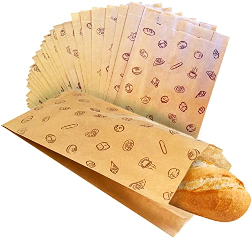 Bolsas bocadillo papel kraft (100 Bolsitas 27x15cm). Varios tamaños, dibujo impreso para bocata pan baguette almuerzo bolleria pasteleria desayuno merienda chuches galletas fruta