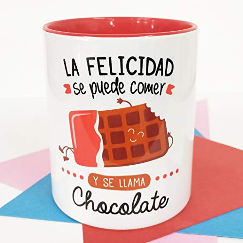 LA MENTE ES MARAVILLOSA - Taza con Frase y dibujo. Regalo original y gracioso (La felicidad se puede comer y se llama chocolate) Taza Diseño Chocolate