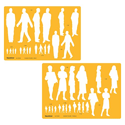 Liquidraw Plantilla de dibujo de figura humana Plantilla de figuras masculinas y femeninas Modelo para diseño de moda, arte y símbolos Formas Escalas 1:20 1:25 1:75 1:100 1:125