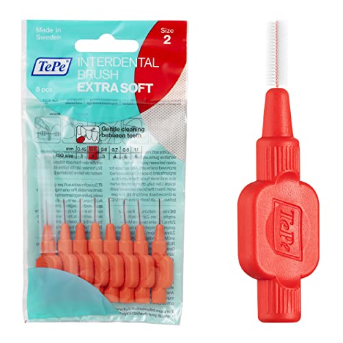 TePe Cepillos interdentales Extra Suaves/Palillos interdentales para una higiene bucal delicada/Tamaño 2, diámetro 0,5mm / 8 unidades por paquete, color rojo claro