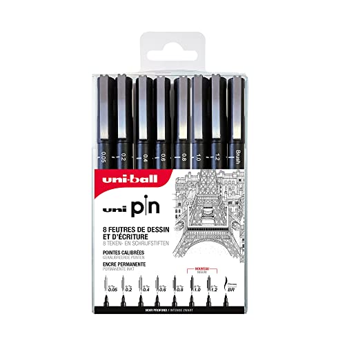 Mitsubishi Pencil – 8 rotuladores de escritura y dibujo Uni-Pin – Estuche con puntas calibradas ultrafinas y anchas, para escribir, dibujar, dibujar, tintar, tinta negra