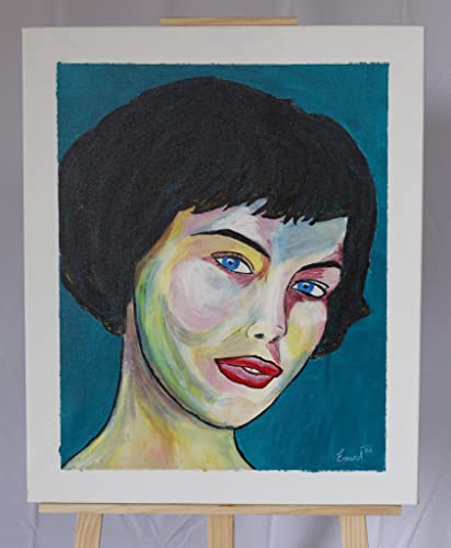 Cuadro en lienzo pintado a mano en colores acrílicos, titulado Mujer fondo azul de medidas 54x65x2 cm. No necesita marco. Artista Ernest Carneado Ferreri