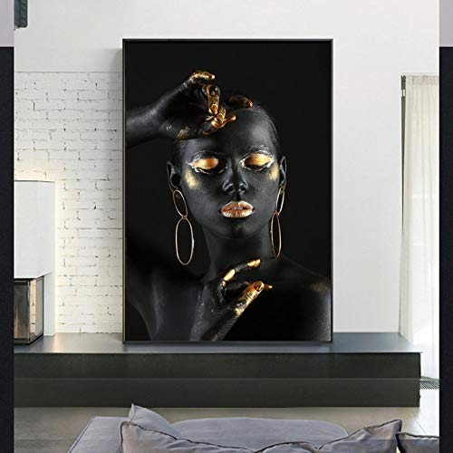 XIANGPEIFBH Cuadros de arte de pared Mujer africana desnuda negra con dedos y labios dorados Pintura en lienzo Maquillaje de pared Mujer para decoración del hogar 40x60cm (16 