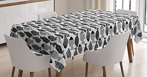 ABAKUHAUS Pescado Mantele, Zentangle Animales Acuáticos, Fácil de Limpiar Colores Firmes y Durables Lavable Personalizado, 140 x 170 cm, Gris carbón Negro