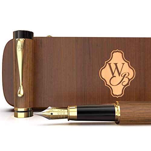 Wordsworth and Black's Pluma de caligrafía - Pluma estilográfica de madera de bambú - Convertidor de tinta recargable - escribir en diario, dibujar (Madera marrón, estuche [punta mediana])
