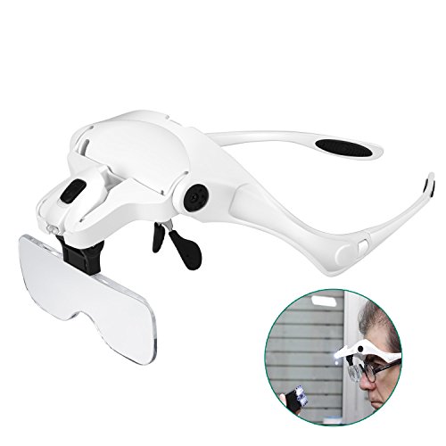 Lupa con Luz 2 Led - RIGHTWELL Gafas Lupa de Aumento para Leer, Lentes de Aumento Lectura, Reparaciones, Coser, Joyería y Relojería, Modelismo - 5 Lentes 1.0X-3.5X Ajustable