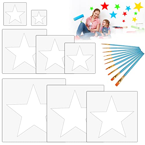 JNWYH 16 plantillas de estrella para colorear para niños, plantillas para decoración de pared, juego para pintar sobre madera, tela, papel de pared con 10 pinceles de artista (8 tamaños)