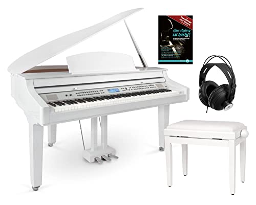 Classic Cantabile GP-A 810 Piano de cola digital - 88 teclas teclado electronico USB, MIDI, 256 polifonía, 1200 voces, Bluetooth - Organo musical - Set con banqueta y auriculares - Blanco Brillante