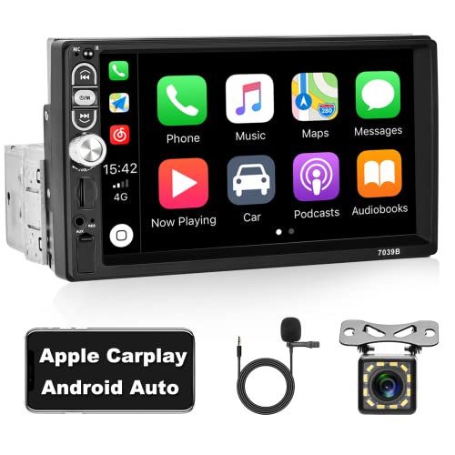 Bluetooth 1 DIN Radio Coche Carplay Android Auto Hikity 7‘’ Pantalla táctil Autoradio FM TF USB AUX-in Bluetooth Cámara de Visión Trasera+Micrófono Externo+Control Remoto