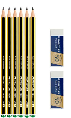 Staedtler Noris 120 – 2H Crayon en graphite – Lot de 6 Crayons + 2 gommes mars plastic STAEDTLER