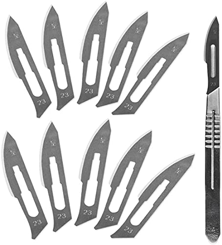 YYLE 1 juego 10 piezas 23 # cuchillas de bisturí quirúrgico de acero al carbono con 1 pieza 4 # mango bisturí herramienta de corte DIY reparación de PCB