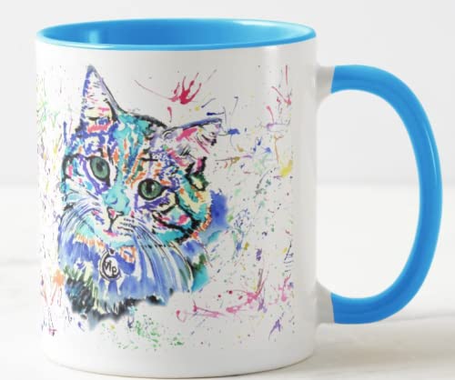 Vixar Taza de color azul con diseño de gato felino, acuarela, arco iris, para regalo de cumpleaños, trabajo, oficina, Navidad, té, café (azul)