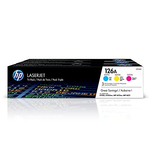 HP 126A CE310AD, Cian, Amarillo y Magenta, Cartuchos Tóner Originales, Pack de 3, para impresoras HP LaserJet Pro serie CP1020, CP1025, TopShot M275 y 100 Color MFP 175