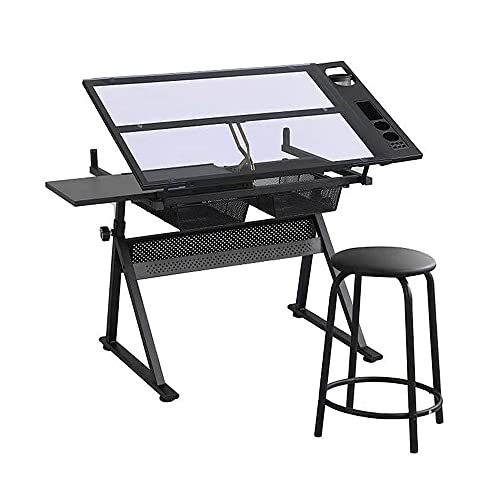 360Home Escritorio regulable en altura inclinable mesa de ordenador mesa de dibujo mesa de trabajo escritorio de cristal con taburete