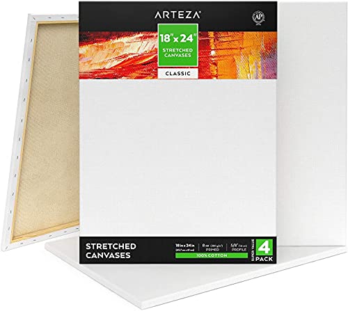 Arteza - Lienzo estirado, paquete de 4 unidades, 45,7 x 61 cm, imprimación con gesso de 226 g, 100% algodón, lienzo blanco para pintura acrílica y vertido