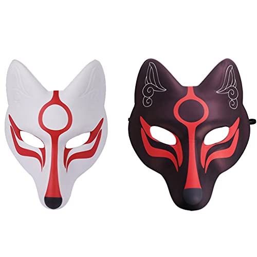 TENDYCOCO 2 piezas zorro japonés kitsune máscara animal cosplay máscara fiesta (blanco y negro)